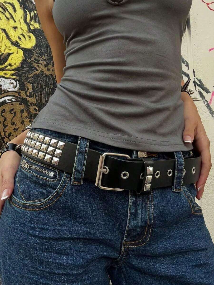 1pc Unisex Solid Color Punk Rock Rivet Sequin Crystal Decor Belt, Suitable For Teenagers, Casual, Outdoor, Sports, Vacation, Travel, Graduation Ceremony, Birthday, Daily Wear AOTJ - 銀色 - 查看 1