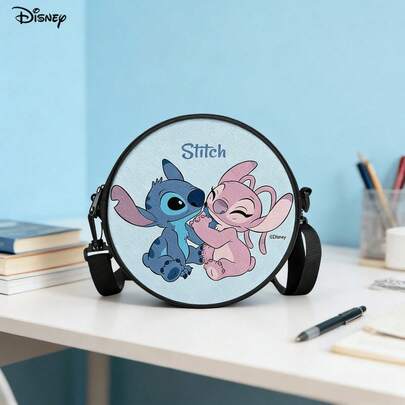 Sac bandoulière rond Disney Stitch & Angel, sac à dos rond multifonctionnel et léger, en polyester durable, idéal pour les déplacements, les courses, avec fermeture éclair