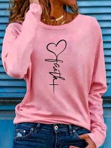 1pcLadies Long Sleeve Loose Crew Neck Top, Elegant Solid Color Polyester Knit T-Shirt, Autumn And Winter Fashion, Love Design Suitable For Women Casual White SpringY2K, Soft And Skin-Friendly, The Best Gift,Skin-Friendly And Comfortable, With A Unique Style - 粉色 - 查看 10