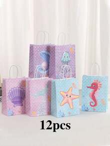 4/12/25pcs Cute Cartoon Ocean Series Design Gift Bags, Various Seahorse, Starfish, Shell, Mermaid, Squid, Pearl Patterns, Suitable For Wedding, Bridal Party, Birthday, Business Shopping, Party Favors, Graduation - Colorful Paper Bags Gifts, Suitable For Holidays, Events, Reunions, Parties And Various Occasions - Multicolor - View 1