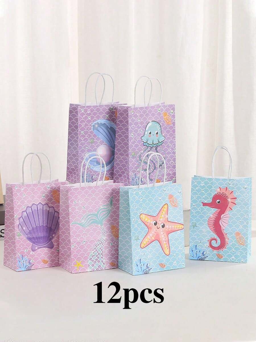 4/12/25pcs Cute Cartoon Ocean Series Design Gift Bags, Various Seahorse, Starfish, Shell, Mermaid, Squid, Pearl Patterns, Suitable For Wedding, Bridal Party, Birthday, Business Shopping, Party Favors, Graduation - Colorful Paper Bags Gifts, Suitable For Holidays, Events, Reunions, Parties And Various Occasions - Multicolor - View 1