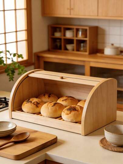 1 pieza Caja de almacenamiento de pan con tapa abatible de bambú y madera - Contenedor de almacenamiento de alimentos de imitación de madera (pequeño/mediano), fácil de acceder, adecuado para almacenar pan, sándwiches y pasteles, conveniente de usar