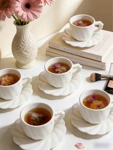 Bộ 6 tách và đĩa cà phê kiểu INS màu trắng tinh khiết, họa tiết dập nổi, thích hợp cho espresso, latte, trà chiều, bao gồm tách và đĩa, tách trà, tách trà sáng tạo, bộ tách thủy tinh kèm khay, tách cà phê, tách thủy tinh dùng trong nhà hàng và gia đình, tách trà, quà tặng độc đáo, quà tặng màu hồng, quà tặng cho nữ, quà tặng ngày lễ, quà tặng tuyệt vời. - Nhiều màu - Xem 4