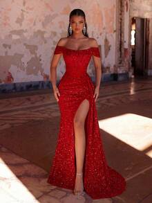 亮片露肩高腰开衩露背系带礼服，适合婚礼、晚宴、返校舞会、约会之夜、正式晚宴、生日派对、节日、家庭聚会、新年等各种场合。 - 紅色 - 查看 1