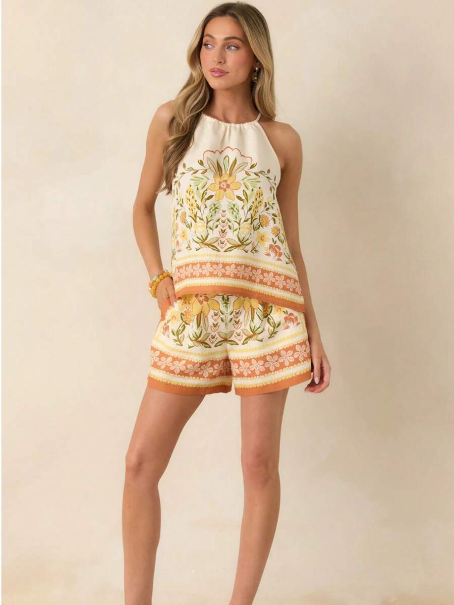 Bộ đồ nữ thường ngày thanh lịch 2 món gồm áo cổ yếm họa tiết hoa và quần short mùa hè - Màu hỗn hợp - Xem 1