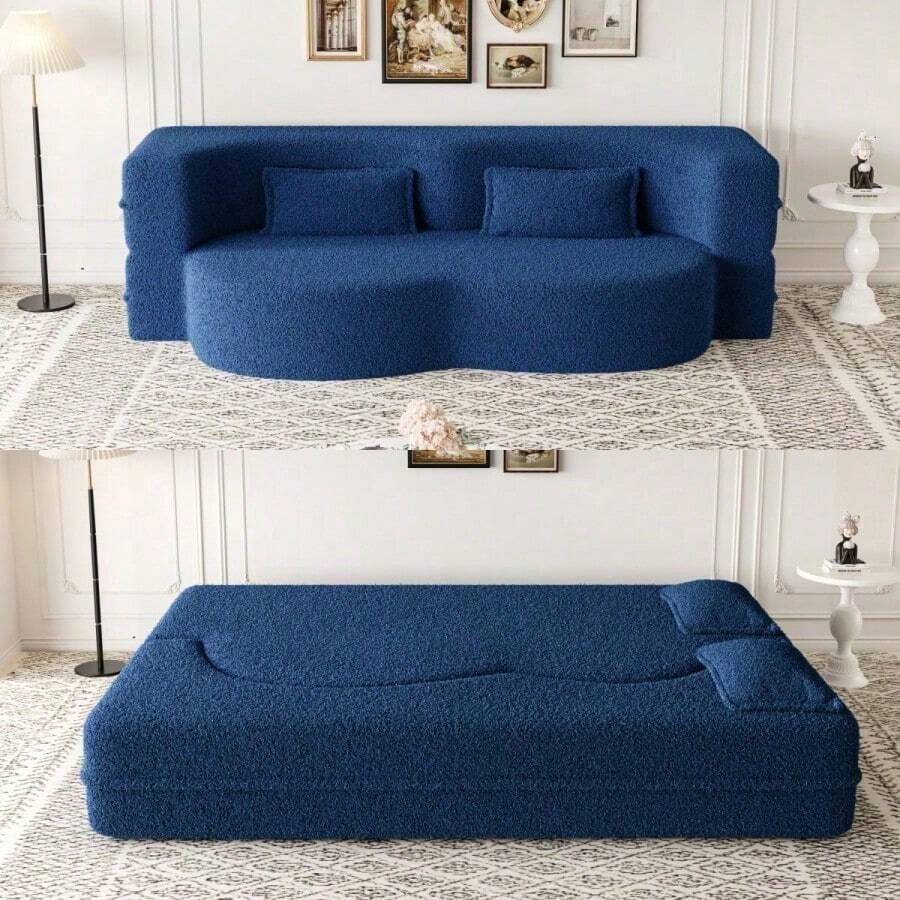 Modern Floor Sofa With 2 Pillows Convertible Teddy Fabric FoamFilled Sleeper Sofa Bed 15" Full Size Folding Mattress For Living Room Guest Bed Playroom No Assembly Required Blue - Azul + Teddy1 - Ver 1