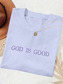 Embroidered Minimalist Shirt "God Is Good" Christian Faith Comfortable Color Shirt Gift, Faith Shirt, Faith T-Shirt, Church Group Shirt, Women Round Neck Embroidered T-Shirt100% Cotton - 淡紫色 - 查看 3