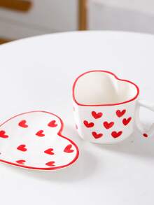 1 Juego de taza y platillo de cerámica con forma de corazón, taza linda para café/leche, vajilla para decoración de cocina - Rojo - Ver 3