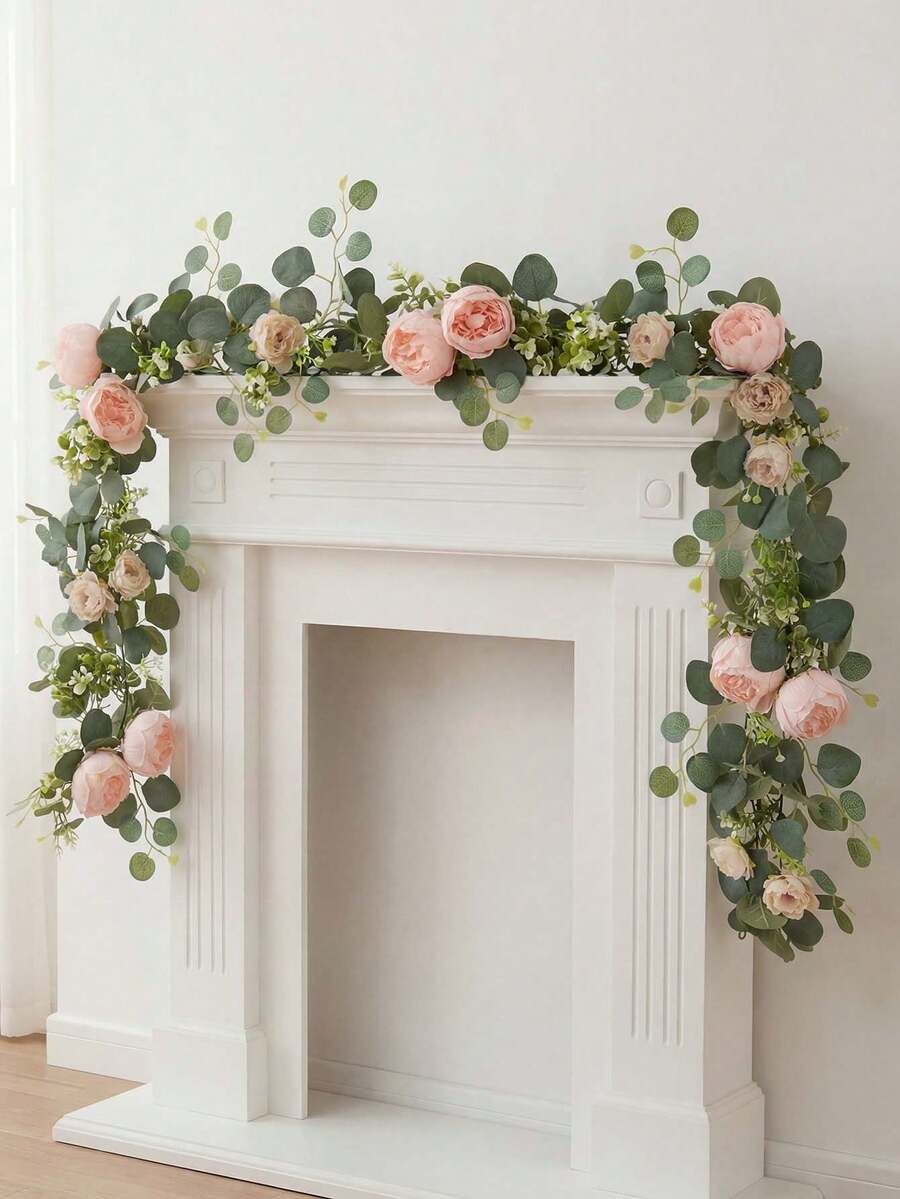 1 pieza Corona de flores artificiales, corona floral de eucalipto de primavera con peonía vintage, rosa y vid, hojas verdes, decoración de pared, decoración de arco de boda, decoración de fiesta - Rosa Pálido - Ver 1