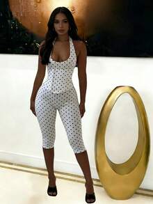 2026 Fashion Simple Temperament Women's Dress Hanging Neck Wave Point Fishbone Zipper Waist Seven-Point Jumpsuit - White - View 1