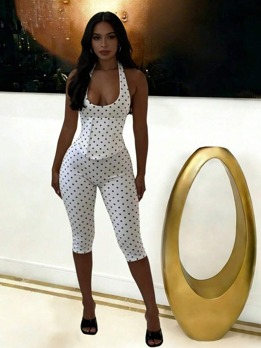 2026 Fashion Simple Temperament Women's Dress Hanging Neck Wave Point Fishbone Zipper Waist Seven-Point Jumpsuit - White - View 1
