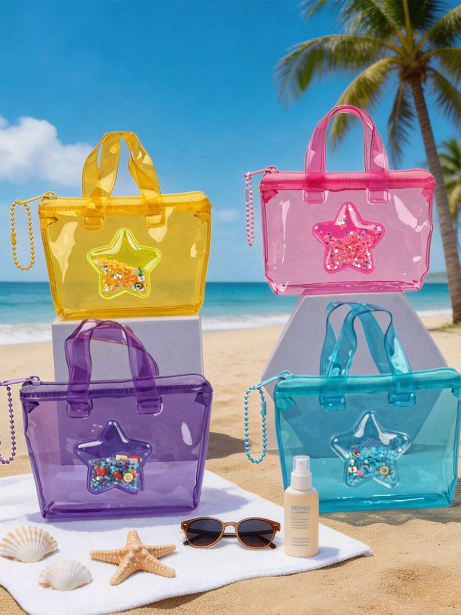 1pc Women's Transparent Mini Handbag, Jelly Bag, Fashion Starry Liquid Glitter Mini Tote Bag, PVC Material Purse, Transparent Wallet, Suitable For Vacation & Outings, With Pearl Chain For Easy Carrying, Can Be Used As Mini Handbag, Cosmetic Bag, Lipstick Organizer. Suitable As Gift For Family & Friends, For Shopping, Vacation, Travel, Birthday, Mother's Day - Multicolor - View 1