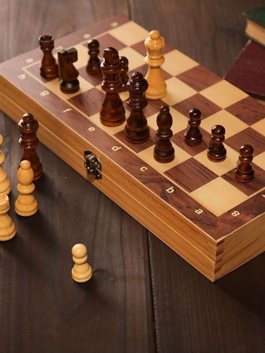 1 Set Large Wooden Foldable International Chess Board Game Set, Includes Wooden Chess Pieces, Built-In Storage Box, 2 Extra Queen Pieces, Suitable For Chess Enthusiasts And Game Lovers - Multicolor - View 1