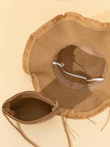 2件/1件装女士时尚百搭卡其色棒球帽和草编斜挎包套装，日常及海滩防晒，夏季，帽子 - 彩色 - 查看 4