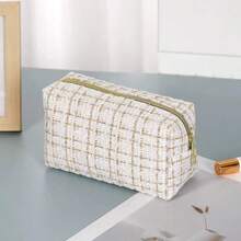 1个大容量格纹编织化妆包，便携式洗漱收纳包，旅行化妆包，时尚手提包 - 白色 - 查看 4