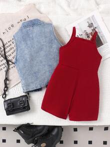 2 delar retro jeansväst + jumpsuit för småbarnsflickor, lätt sommar - Bourgogne - Visa 2