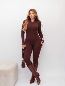 Virginia Ribbed Jumpsuit Tricot Modal With Zipper On The Front Great Quality Women's Jumpsuit Long Sleeve Fashion Style - 咖啡棕 - 查看 2