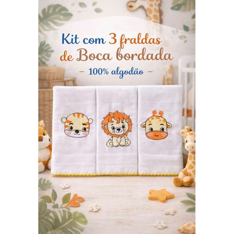 Kit Of 3 Baby Mouth Diapers 100% Cotton 30x30cm Soft Absorbent Embroidered Cloth - Light Yellow - View 1