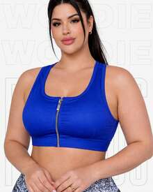 WOLFOC Women's Plus Size Cropped Fitness Top With Zipper And Removable Pads In Suplex Polyester - Royal Blue - View 4