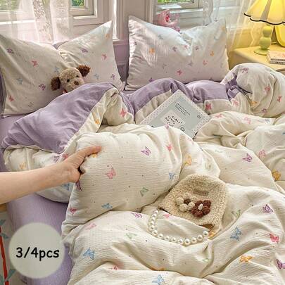 3/4pcs Bedding Set, Colorful Butterfly Pattern Duvet Cover, French Romantic Cream Style Bedding Set, Suitable For Double/Single Bed, Soft & Skin-Friendly, Zipper Closure, All Season, Includes 1pc Duvet Cover (No Filler), 1pc Bed Sheet, 1pc/2pcs Pillowcase (No Filler)