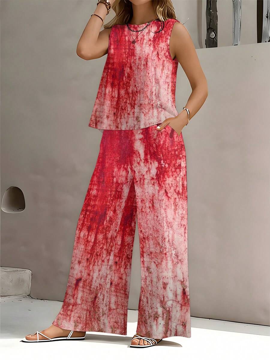 Plus Size Women's Two Piece Set, Red Background Distressed Mottled Print Sleeveless Vest And Wide Leg Long Pants Two Piece, Loose Straight Version, High Waisted Wide Leg Pants With Pockets, Suitable For Festival Parades, Outdoor Leisure, Vacation Daily, Early And Midsummer Travel Outfits - 彩色 - 查看 1