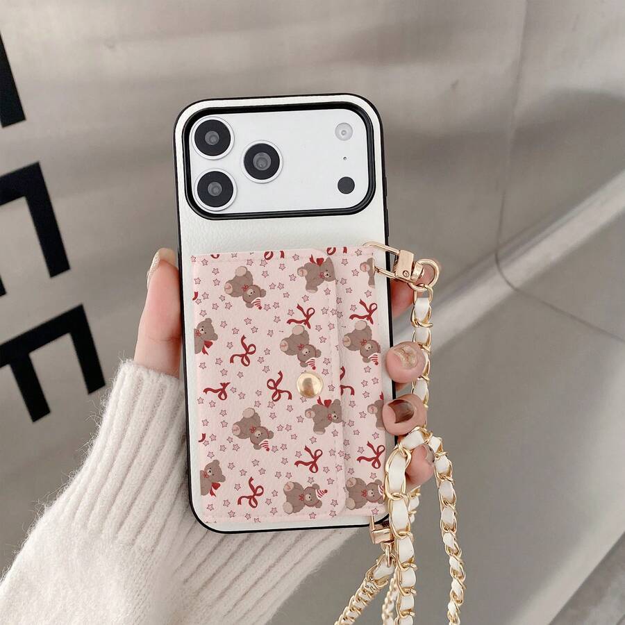 1 chiếc ốp lưng điện thoại đeo chéo có ngăn đựng thẻ họa tiết hoa trang nhã, tương thích với Apple 17 16 16e 15 14 Plus 13 12 11 Pro Max, in hình bướm và gấu.