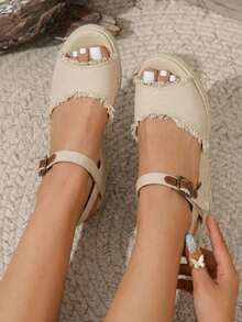 Women's Wedge Sandals Peep Toe, 3.3 Inch High Heel Platform Espadrilles Dressy Comfortable Summer Vacation Ankle Strap Buckle Shoes Work Wedding 880 - Apricot - View 1