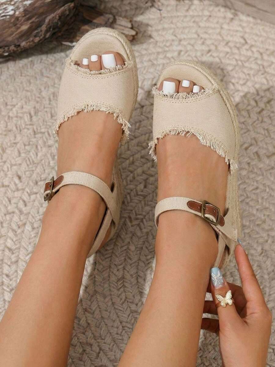 Women's Wedge Sandals Peep Toe, 3.3 Inch High Heel Platform Espadrilles Dressy Comfortable Summer Vacation Ankle Strap Buckle Shoes Work Wedding 880 - Apricot - View 1