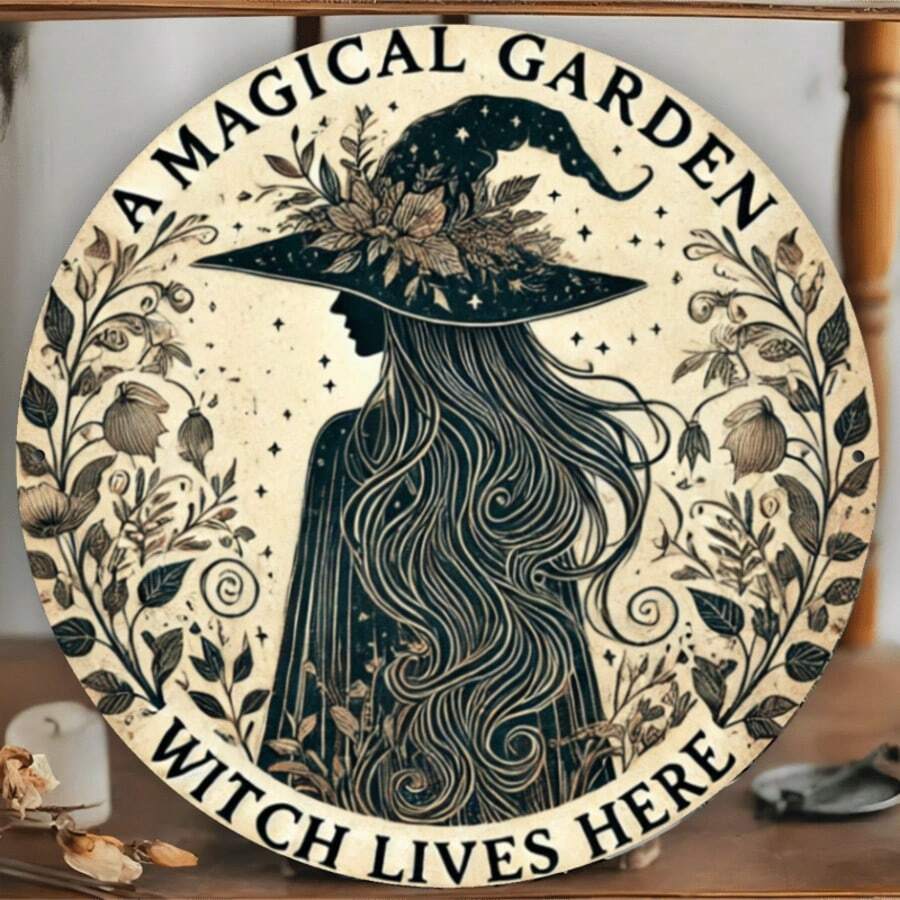 1套圓形鐵製裝飾牌,印有「Magic Garden Witch Dwelling」字樣,尺寸 8 英吋 x 8 英吋,適合裝飾房間、牆面、用餐區、咖啡廳與車庫,風格如尺寸圖所示 - 多色 - 查看 1