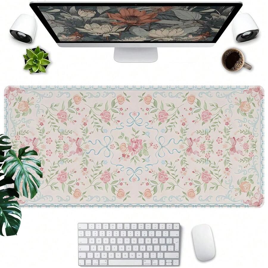 1 Alfombrilla de ratón grande y tapete de escritorio en múltiples tamaños - Base de goma antideslizante, patrón floral rosa con acentos verdes, alfombrilla de ratón extra grande adecuada para PC y portátiles. Suministros de oficina, accesorios de oficina, alfombrilla de ratón, mesa de estudio, alfombrilla de ratón para escritorio, decoración de escritorio - flor - Ver 1