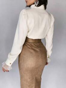 French Lace Patchwork Collar Elegant Blouse Spring - Apricot - View 4
