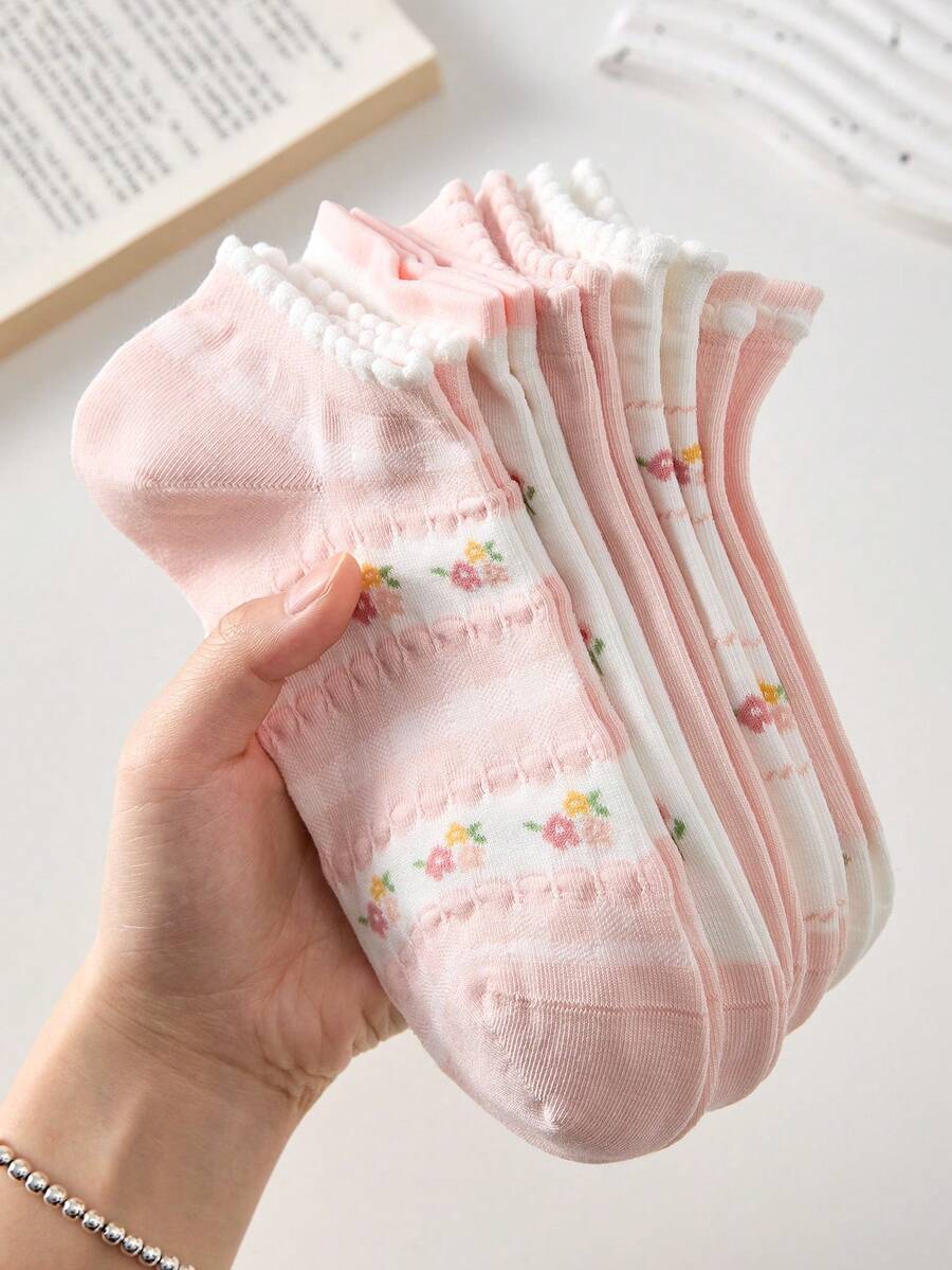 5双装可爱女士短袜，粉色花朵和兔子图案，防滑、舒适、透气、吸湿排汗，适合春夏穿着，适合运动休闲。 - 粉色 - 查看 1