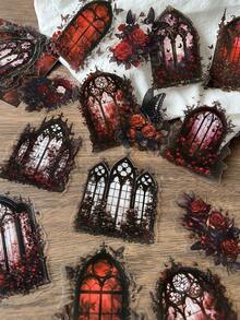 15pcs/Pack Rose Window Theme Stickers For Scrapbooking, Creative Aesthetic Sticker Decals, DIY Decorative Craft Materials, Holiday Gift, Personalized Scrapbook School Supplies - 2. Window Lattice In the Dark - View 4