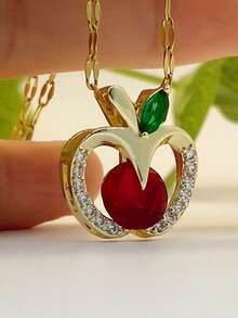 1 chiếc dây chuyền mặt dây chuyền hình quả táo đính đá lấp lánh, thời trang, thanh lịch, sống động và dễ thương dành cho nữ. - Quả táo vàng - Xem 2