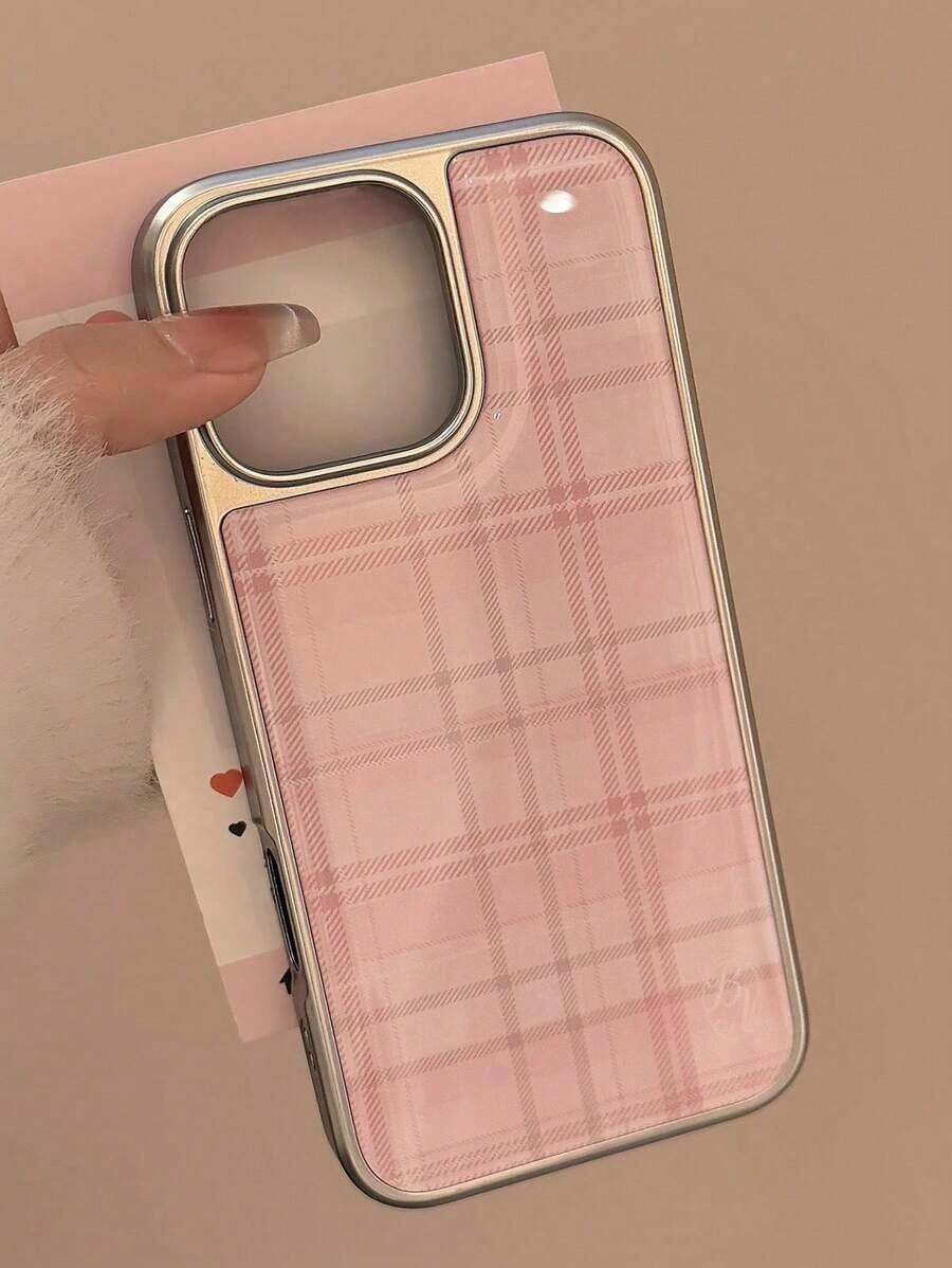 Minimalist Pink Plaid Pattern Fashion Phone Cases 1pc Plaid Style Korean Sweet Epoxy Silver Edge Phone Case Compatible With Apple Series Vintage Classic Design Women's Day Gift Birthday Anniversary - 綠色 - 查看 1
