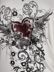 Colección verano 2026. Camiseta holgada mujer talla grande, estampado calavera y rosa gótico punk, estilo retro vanguardista. Tallas 3–7XL, apta otoño-invierno. Envío gratis 24h. - Blanco - Ver 5