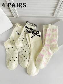 4 Pairs Ladies Cream White Sweet Polka Dot Bow Embroidery Hollow Mesh Breathable Comfy Mixed Lace Butterfly Design Crew Socks, Suitable For Daily Outfit - Multicolor - View 9