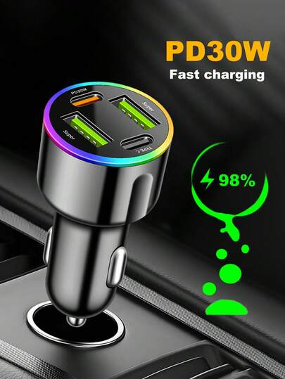 4口30W/60W车载充电器，带彩色氛围灯，PD 30W快充适配器，适用于智能手机，点烟器充电器
