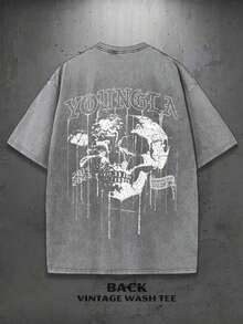 1PC Y2K Vintage Washed-Shirt |   Men's Graphic Tee |   YLA Dripping Skull Design Pattern |   Gifts Men Or Boyfriend |  % Cotton |   230Gsm Thickened Fabric |   Unisex - 灰色 - 查看 3