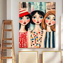 Arte de Pared Grande 2D Plano, 1 Pieza Enmarcado a Mano en Madera de Pino - Elegante Óleo de Tres Mujeres en la Calle, Póster en Lienzo Envoltorio para Interiores, Instalación con Gancho, para Hogar, Oficina, Sala de Estar - Obra de Arte de Figura Femenina, 2D Plano - Enmarcado - Ver 5