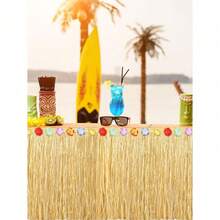 Luau Grass Table Skirt Grass Table Skirt Natural With Hibiscus Flowers Hawaiian Luau Tropical Party Decor Fringe Party Decoration For Costume Tropical Hawaii Birthday, Straw Yellow - Yellow - View 10