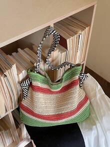 Black & White Zebra Stripe Shoulder Strap Woven Bag, Relaxed Vibe Vacation Beach Casual Shoulder Bag, Versatile Everyday Commute Shopping Tote, Woven Bag For Beach Trip, Student - Green - View 4