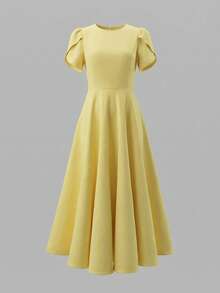 Đầm midi nữ màu vàng nhạt thanh lịch, cổ tròn, tay cánh hoa, eo thon, thích hợp cho hẹn hò và tiệc trà chiều mùa hè. - Màu vàng - Xem 2