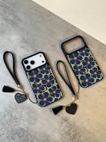 1pc Vintage Floral Pattern Litchi Texture Anti-Drop Anti-Slip Soft Phone Case + Heart-Shaped Lanyard, Compatible With Apple, Phones - Multicolor - View 3