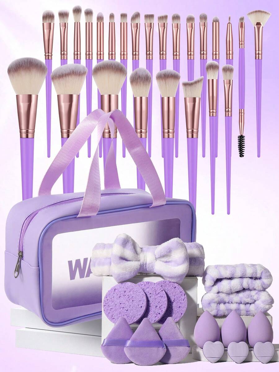 Bộ dụng cụ trang điểm 41 món bao gồm: 1 túi đựng mỹ phẩm và đồ dùng cá nhân đa năng có khóa kéo chống thấm nước + 25 bộ cọ trang điểm + 3 bông mút trang điểm + 3 bông phấn tam giác + 3 bông phấn mini dạng cushion + 3 miếng bọt biển rửa mặt + 1 băng đô cài tóc + 2 dây đeo chậu rửa tay - Màu tím - Xem 1