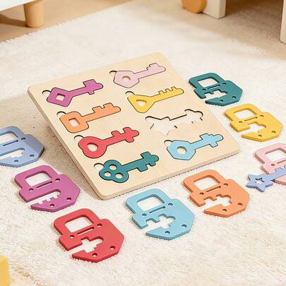 一套木制彩色锁和钥匙配对拼图，8种颜色和形状分类游戏，趣味桌面分类玩具，儿童益智玩具