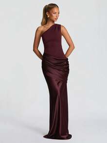 Elegant Asymmetric-Shoulder Fitted Cocktail Dress With Ruched Waist And Hips Design, Suitable For Formal Occasions, Cocktail Parties, Bridesmaid Dresses, Wedding Receptions Party Spring - Coffee Brown - View 5