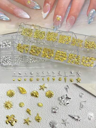 12 món đồ trang trí móng tay hình sao biển và vỏ sò bằng kim loại, kiểu dáng đại dương, hình vỏ sò điệp, đinh tán vàng/bạc, phụ kiện trang sức móng tay dạng lát mỏng, hợp kim kẽm.