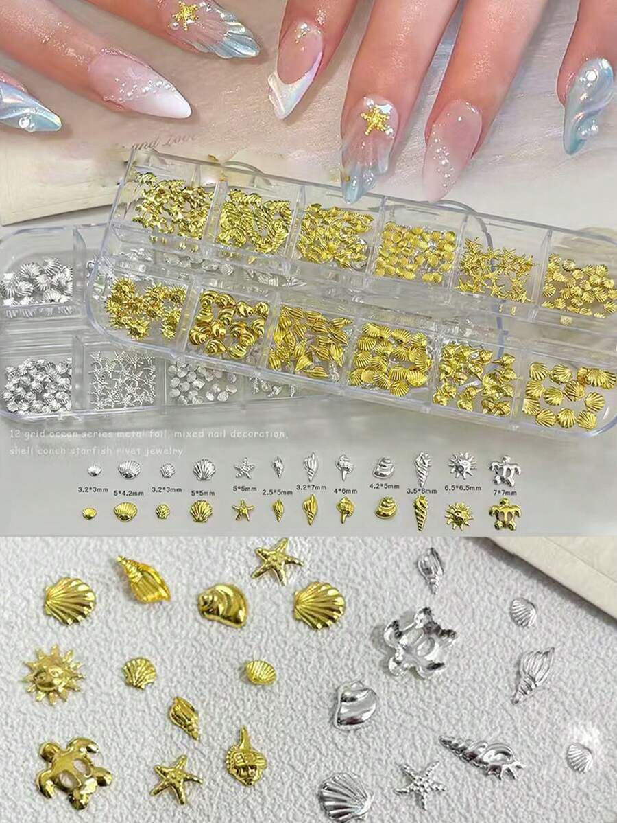 12件金属海星贝壳美甲装饰品,海洋风扇贝贝壳金/银铆钉薄片美甲饰品配件,锌合金美甲贴纸 - 彩色 - 查看 1