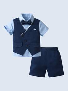 BOARNSEORL Bộ trang phục quý ông 2 món cho bé trai - Áo sơ mi tay ngắn có nơ và quần short màu xanh navy, thời trang và sành điệu cho tiệc sinh nhật, sinh nhật lần thứ 1, đám cưới, tiệc chiêu đãi - Màu xanh hải quân - Xem 1